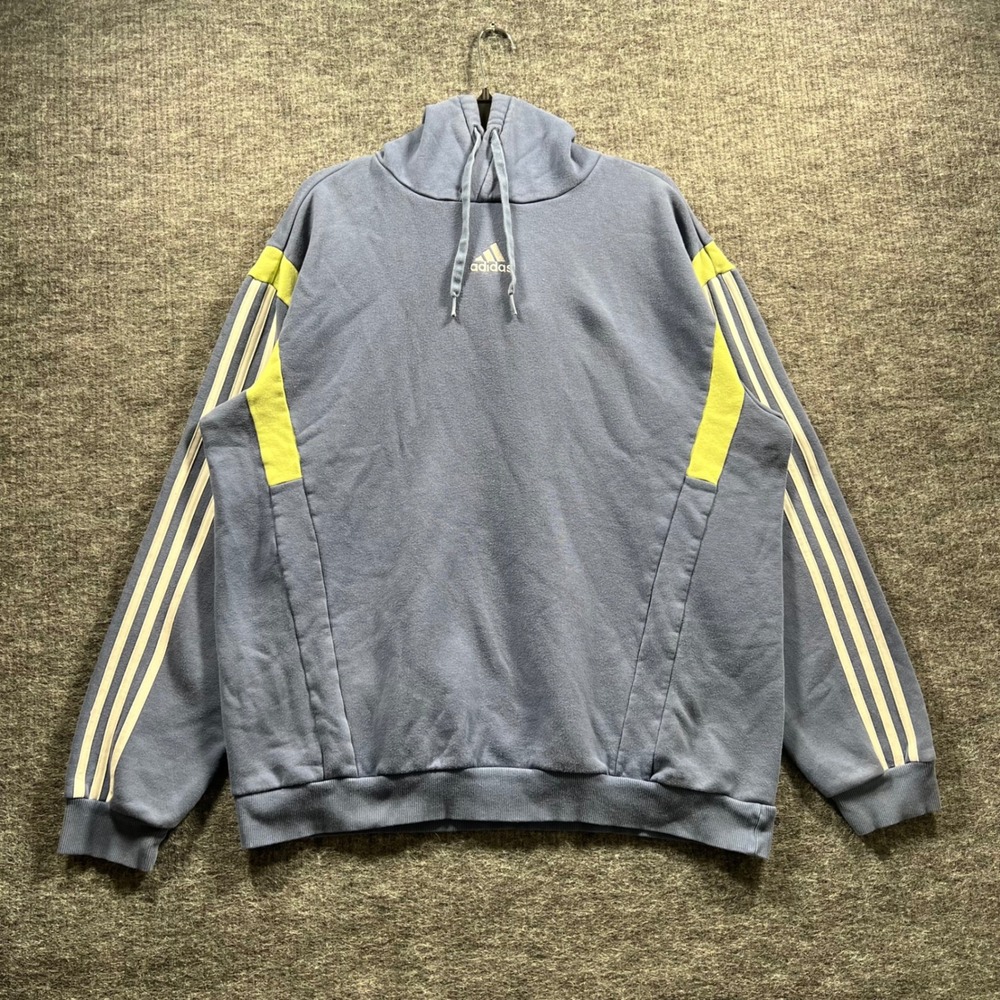Adidas Mens XL Blue Neon Yellow Striped Pullover Fleece Hoodie